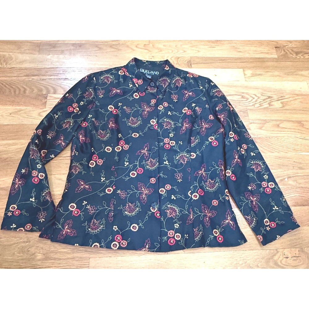 Silkland Petite Black 100% Silk Embroidered Floral Butterfly Blazer Jacket 14P
